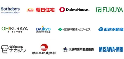 Sotheby's
Asahi 朝日住宅
| Daiwa House
FUKUYA
OH!KURAYA
オークラヤ住宅
BAA SHOP
ナカジツ
DAIKYO
,住友林業木ㄙ廿一七ㄡˋ
⊙近鉄不動産
大点穴吹不動産
詩 大成有棄不動産販売 MISAWA-MRI
朝日土地建物語